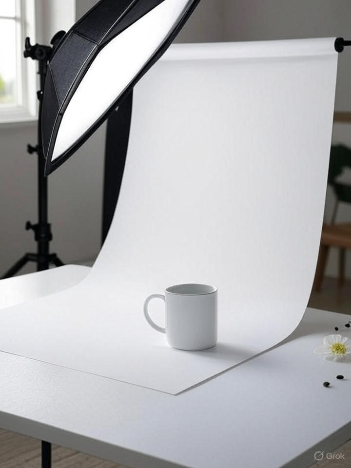 Minimalist home product photography studio with a softbox, white backdrop, and ceramic mug on a foldable table.