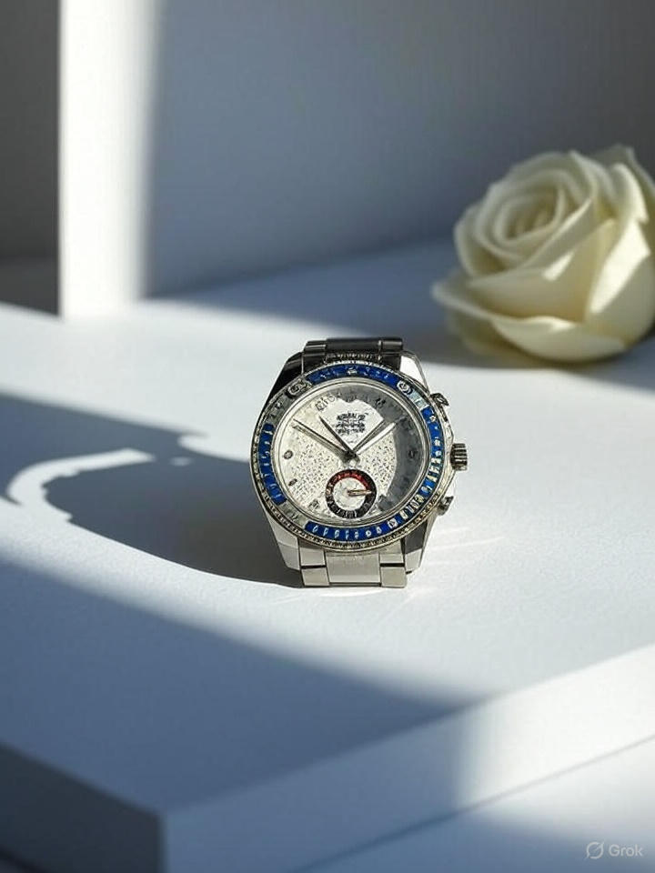 Luxury watch on a minimalist white backdrop with soft lighting, showcasing professional product photography.