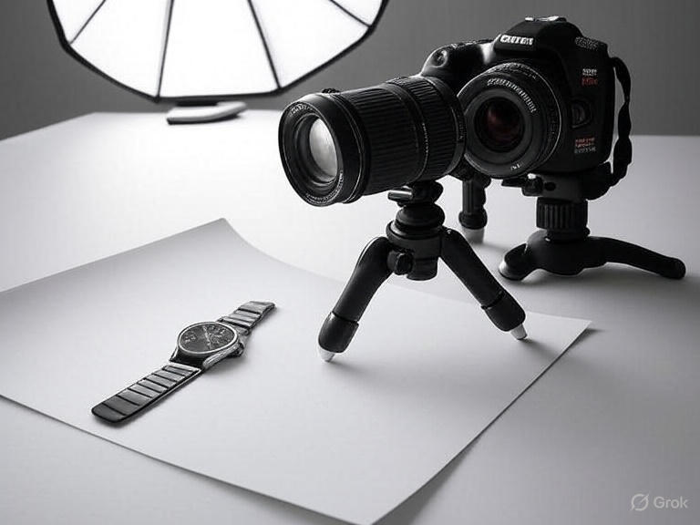 Product photography setup with a Canon EOS Rebel T8i camera, 50mm lens, Manfrotto tripod, Neewer softbox, and white seamless backdrop.