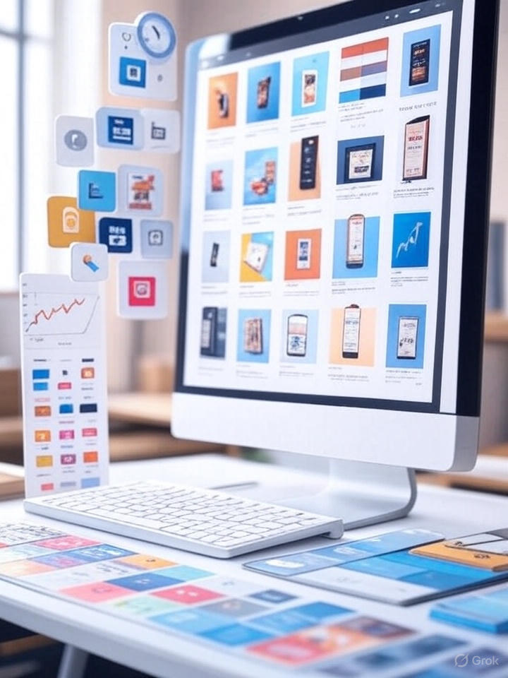 Modern workspace with a computer showing uniformly edited product images on an e-commerce platform, featuring a clock, rising sales graph, e-commerce icons, and a pricing table.