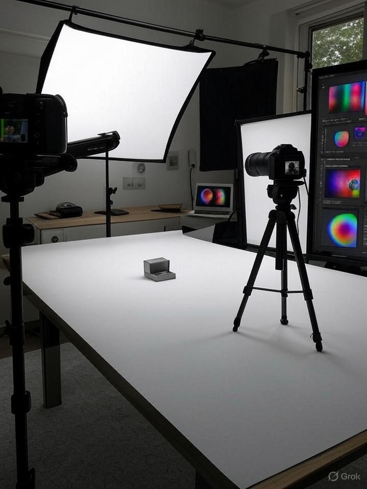 Professional product photography studio with camera, softbox lights, and jewelry setup