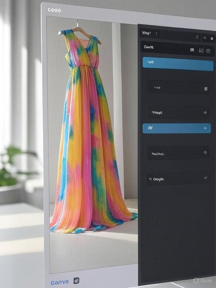 Clothes Photo Editor interface applying vibrant filters to a colorful dress, showcasing user-friendly fashion photo editing tools.