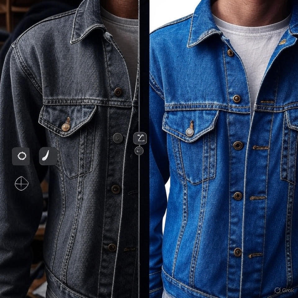 Before-and-after clothing photo edited with a Clothes Photo Editor, showcasing enhanced texture and vibrant colors on a denim jacket.