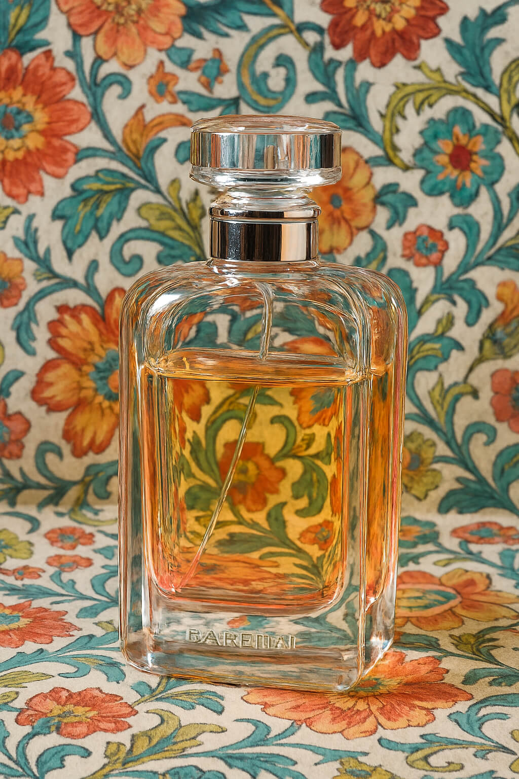 Clear glass perfume bottle with transparent elements against busy floral background before alpha masking