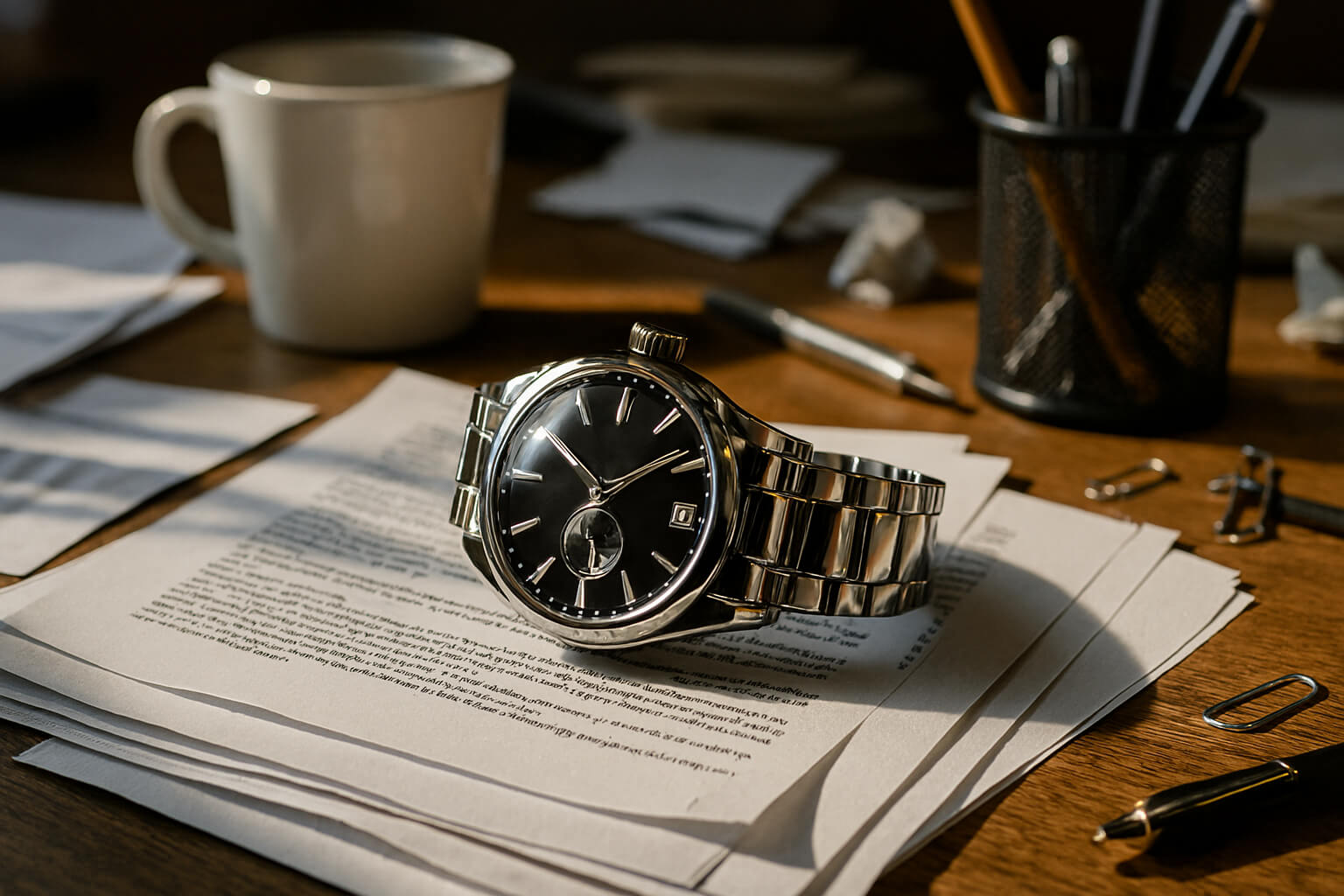 Luxury watch on cluttered desk before professional layer masking service showing distracting background elements