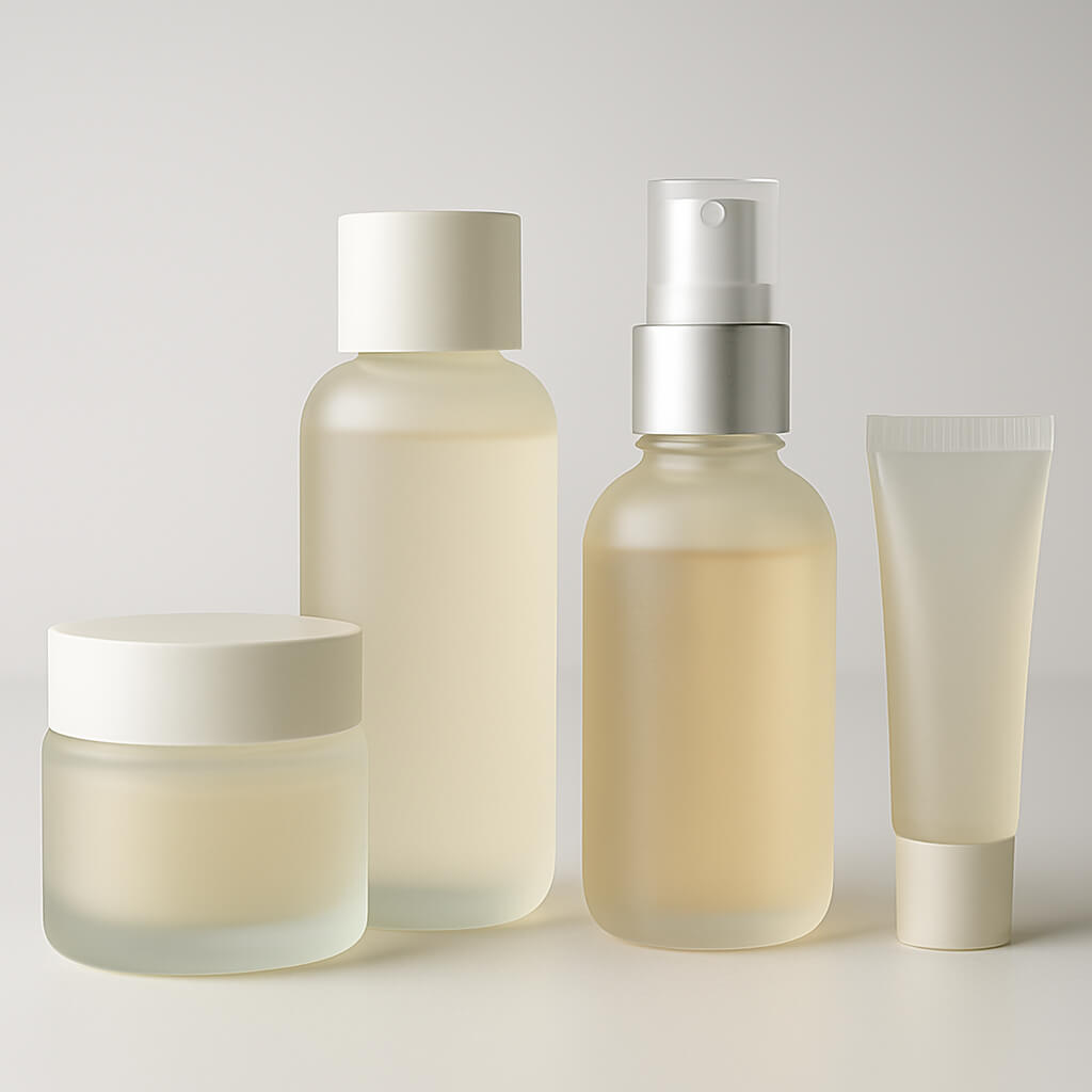 Luxury cosmetic containers after translucent masking service preserving frosted glass properties with clean background