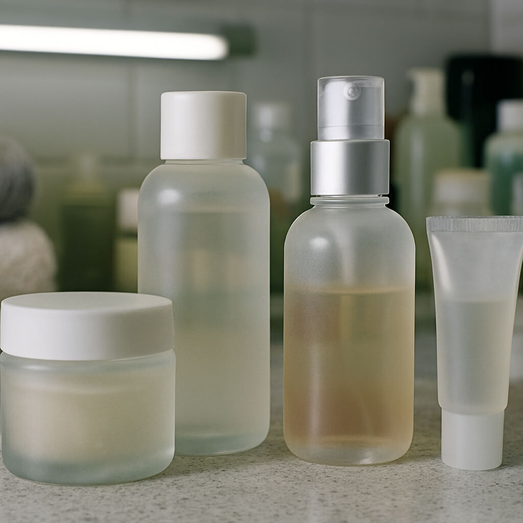 Frosted glass cosmetic containers with translucent surfaces on cluttered bathroom counter before masking