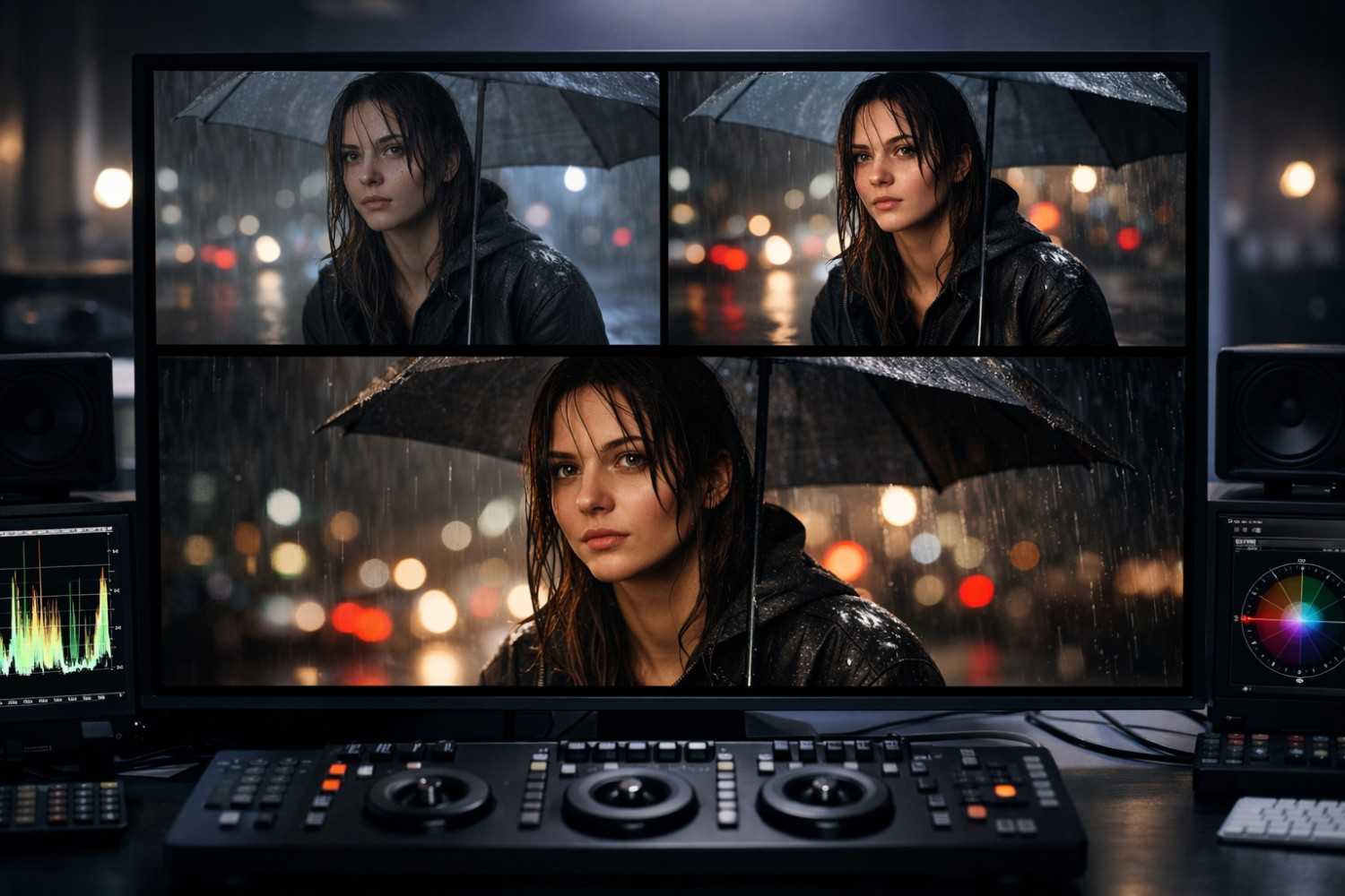 Color correction vs color grading shown on the same video frame