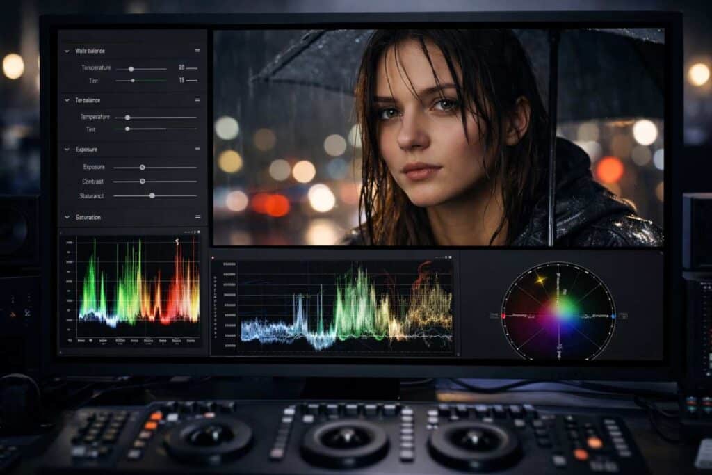 Video editor adjusting white balance and exposure during color correction